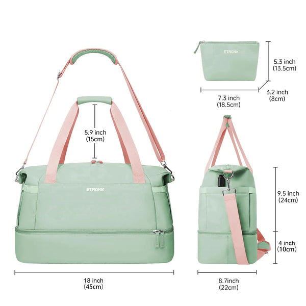 ETRONIK Gym Bag for Women, Travel Duffel Bag with USB Charging Port, Weekender Overnight Bag with Wet Pocket & Shoes Compartment for Women, Travel, Gym, Yoga (Green Pink) Medium Pink Green - Mike's Gear 