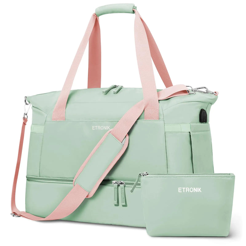 ETRONIK Gym Bag for Women, Travel Duffel Bag with USB Charging Port, Weekender Overnight Bag with Wet Pocket & Shoes Compartment for Women, Travel, Gym, Yoga (Green Pink) Medium Pink Green - Mike's Gear 