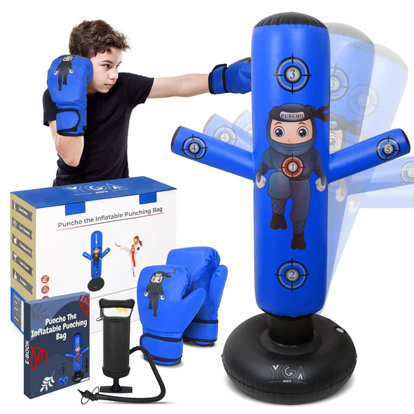 PUNCHO The Ninja Punching Bag for Kids: Kid Punching Bag Set 8-12 with Boxing Gloves Pump and Ebook. Durable Boxing Equipment for Kids. 63” Karate Punching Bag Girls & Boys Kids Toy (Blue)