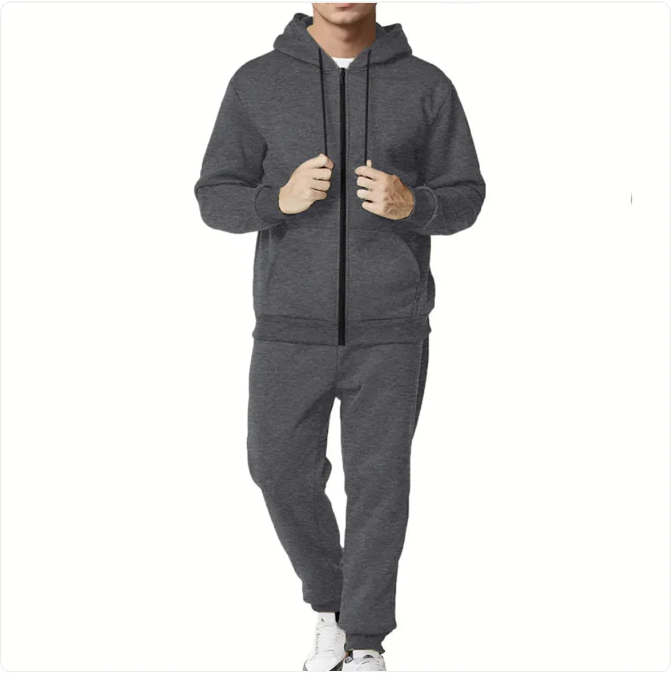 Casual Solid Color Hooded Zip Cardigan Set