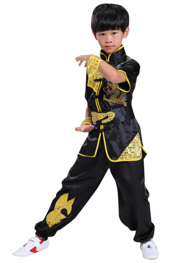 Boys Girls Kung Fu Master Tai Chi Dragon Chinese Uniform Top Shirt Pants Set Outfit (Black 4-5 Years)