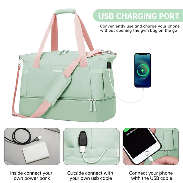 ETRONIK Gym Bag for Women, Travel Duffel Bag with USB Charging Port, Weekender Overnight Bag with Wet Pocket & Shoes Compartment for Women, Travel, Gym, Yoga (Green Pink) Medium Pink Green - Mike's Gear 