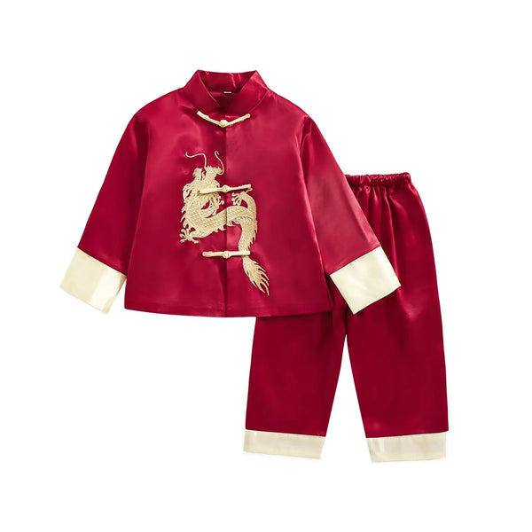 Boys Tang Suit Dragon Kung Fu Outfit Chinese New Year Clothing Chinese Traditional Clothes for Kids（Red11-12 T