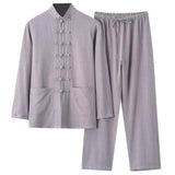 Unisex Tai Chi Uniform for Beginners Linen Chinese Kung Fu Outfits Long Sleeved Shirt and Pants Set (Grey 3XL)