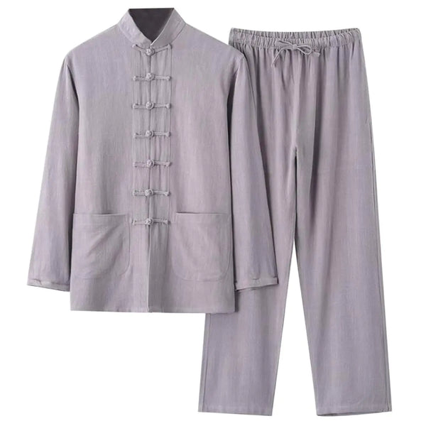 Unisex Tai Chi Uniform for Beginners Linen Chinese Kung Fu Outfits Long Sleeved Shirt and Pants Set (Grey 3XL)