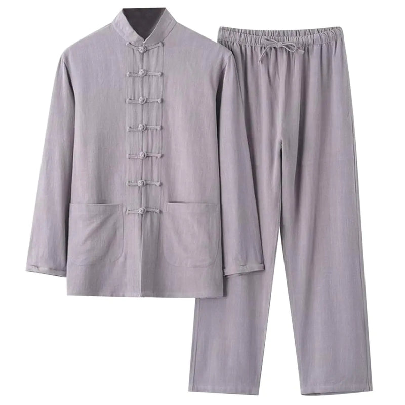 Unisex Tai Chi Uniform for Beginners Linen Chinese Kung Fu Outfits Long Sleeved Shirt and Pants Set (Grey 3XL)